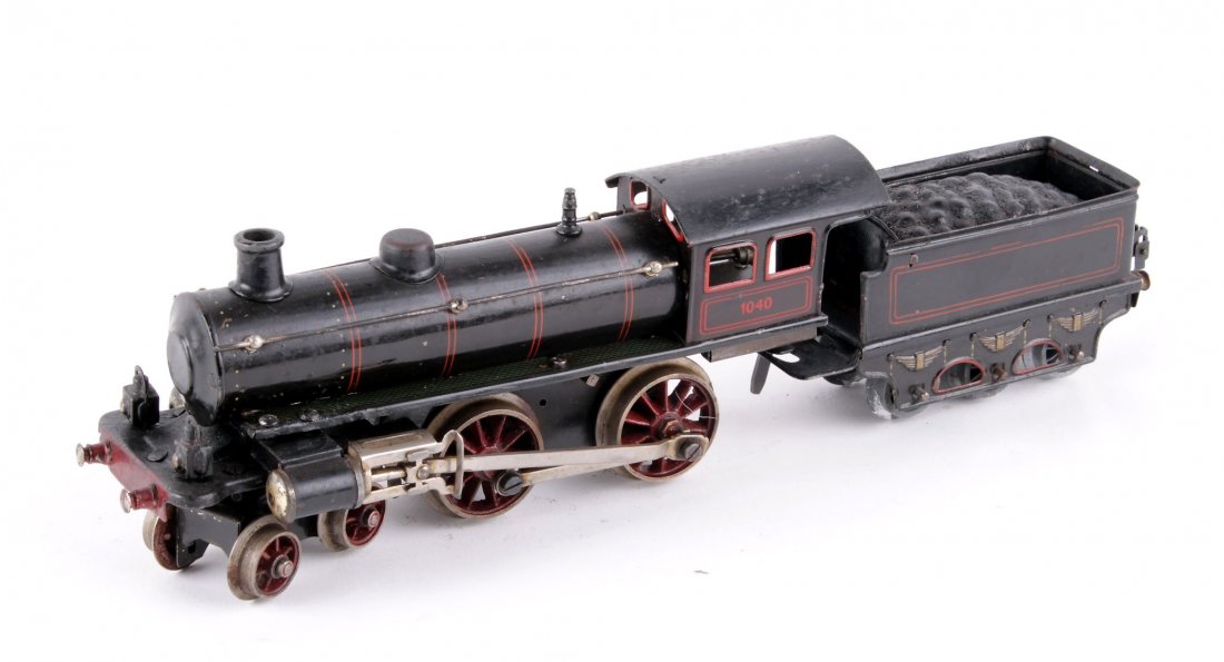 O gauge - A Marklin 4-4-0 tender locomotive, 1040,: O gauge - A Marklin 4-4-0 tender locomotive, 1040, lined black livery, clockwork motor, unboxed.
