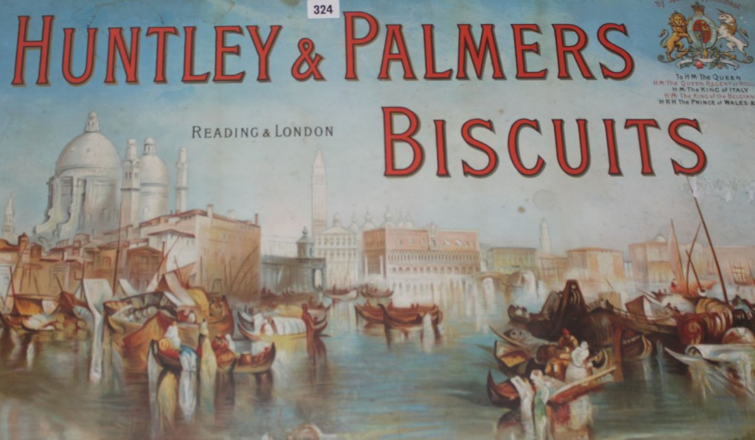 A Huntley & Palmers Biscuits poster, circa 1900,: A Huntley & Palmers Biscuits poster, circa 1900, colour-printed, depicting a Venetian river scene, 48cm x 78cm, framed and glazed, (laid-down to card; some closed tears; stained along upper edge).