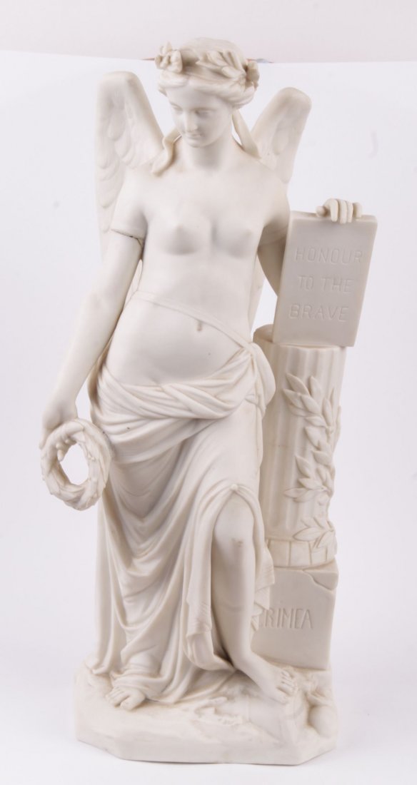A Parian Figure By Minton Commemorating the Crimean War: A Parian Figure By Minton Commemorating the Crimean War Circa 1856 modeled as a winged female figure of Victory holding a tablet incised 'Honour to the Brave' atop a column, the base inscribed 'Crimea