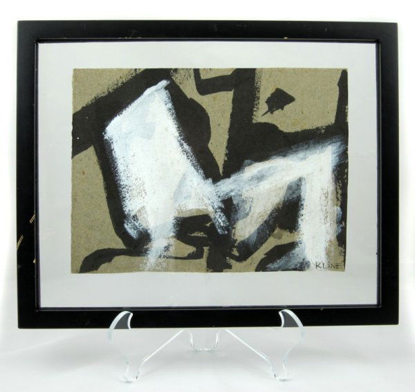 Franz KLINE (Attr) Black Ink and Gouache: Franz KLINE, Attributed to or in the manner of, (American, 1910-1962), black ink and white gouache on heavy cardboard, signed lower right. 8 inches x 10 3/4 inches.