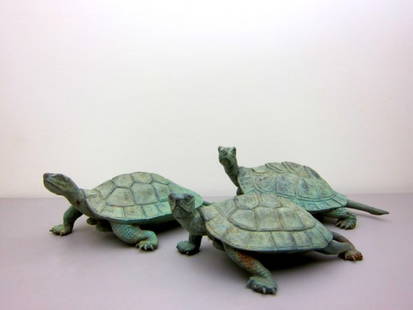 Bronze Garden Turtles (3): Group of three bronze garden turtles, possibly Japanese, the largest measuring L 16 inches.