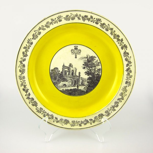 French Creamware (Creil) Round Platter: Transfer-printed design, "Ancien Chateau." Circa early/mid-19th century. Overall condition is good with expected wear. D 12 5/8 inches.