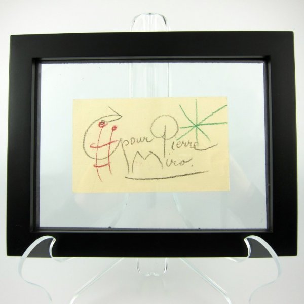 Autograph, Attributed to Joan Miro : Mounted on paper board, inscribed "Pour Pierre" and signed. 3 inches x 5 inches. Please note that we have no provenance for this piece and that we are offering it as an attribution.