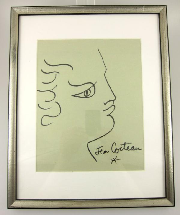 Jean COCTEAU (Attr) Drawing: Jean COCTEAU, Attributed to, (French, 1889-1963), black marker pen, face in profile, signed. 9 3/4 inches x 7 3/4 inches.