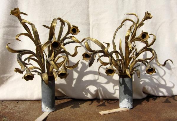French Art Nouveau Gilt Bronze Lighting Elements: Iris form branches with handblown glass shades, circa 1900.