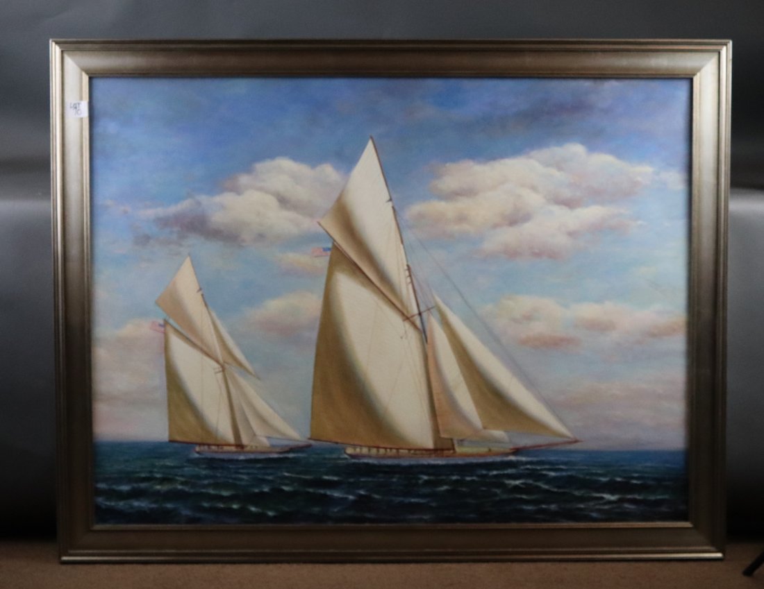 Americas Cup yacht painting: Painting showing two, gaff rigged Americas Cup yachts racing under full sail with all sails set. Signed lower right, D. Taylor. Silver painted wood frame.