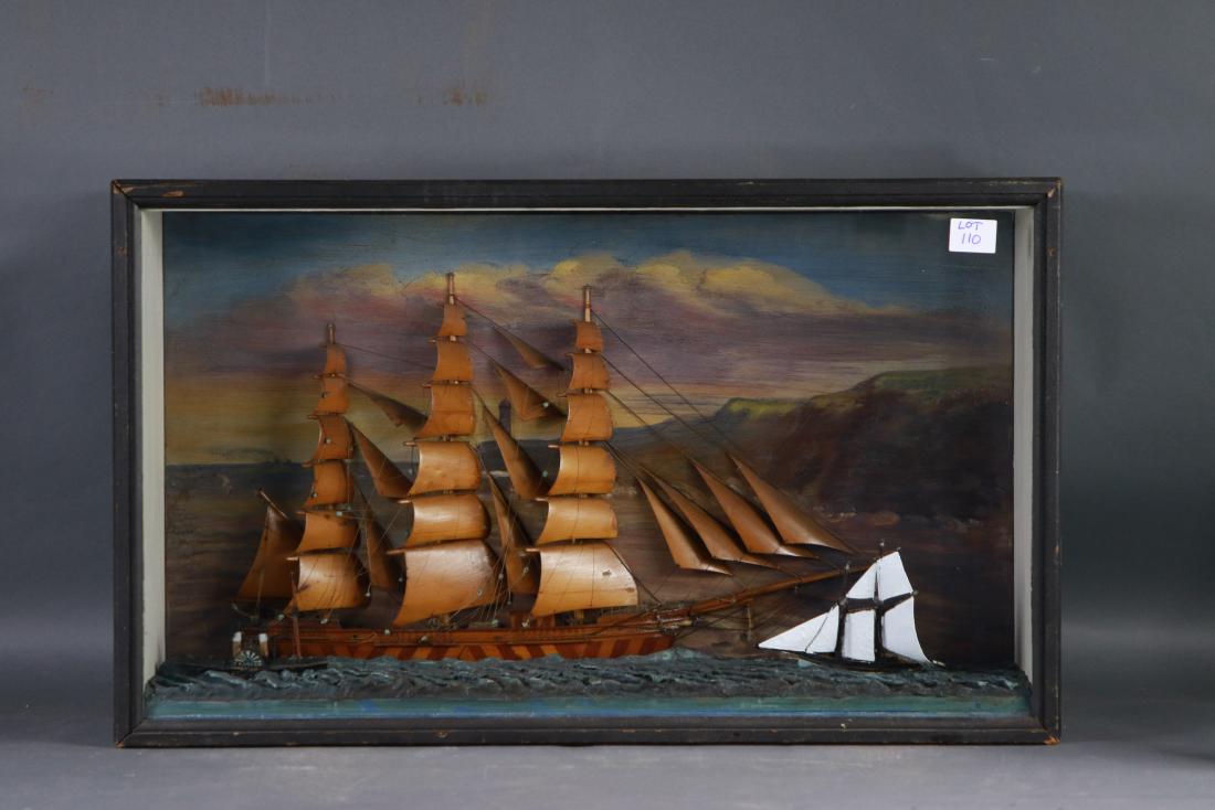 Maritime ship model diorama: Antique shadowbox showing a varnished clipper ship model set at its waterline and under full sail with a full suit of carved wood sails. Also showing the paddle steamer CRUISER and a schooner. 36 x 8