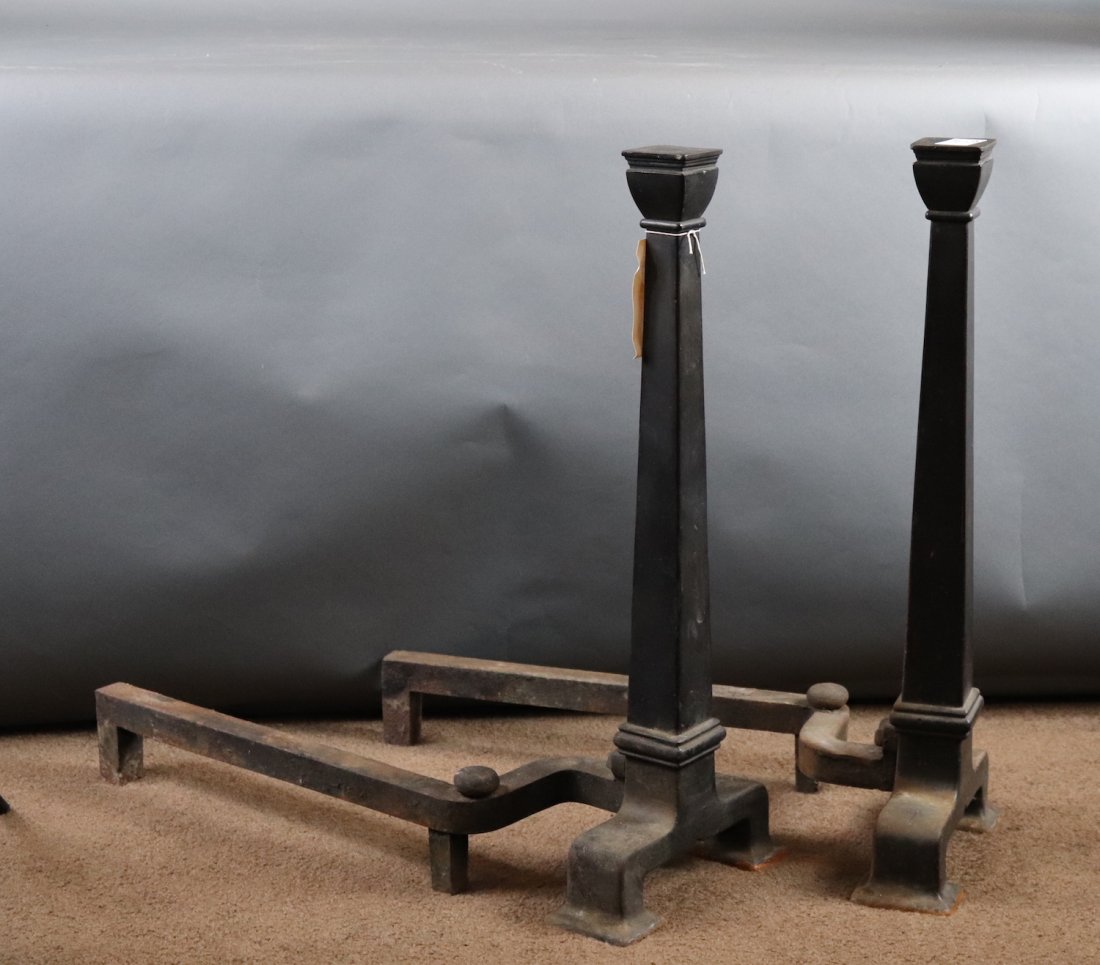 Pair of iron andirons: Large, pair of arts and crafts andirons. Heavily constructed. 11 x 27 x 28