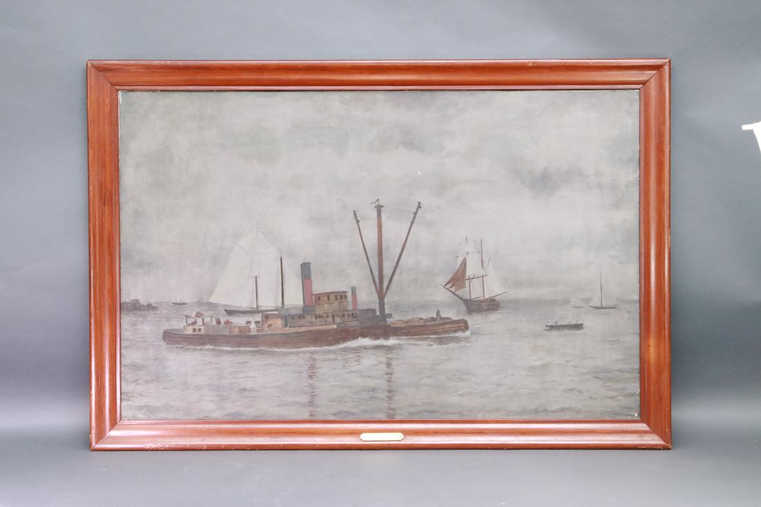 William Bradford painting of a tug: William Bradford painting showing many vessels including tugboat, with barge, fishing schooner, topsail schooner, gaff rigged sloop and several others. With Vose Gallery Boston label titled TUGBOATS W