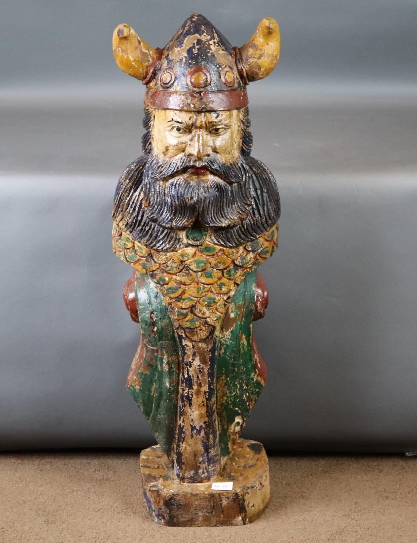 Hand carved viking figure: Large, carving of a viking with distressed finish. 14 x 13 x 44