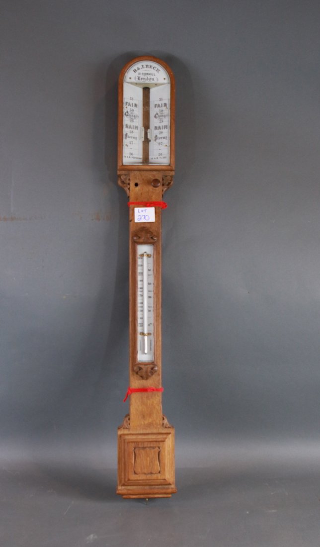 Marine barometer by R & J Beck: 19th century barometer with faceplates marked R & L? Beck, 31 Cornhill, London. Lacking mercury tube. Shaft as thermometer with mercury. Conditions: NO SHIPPING