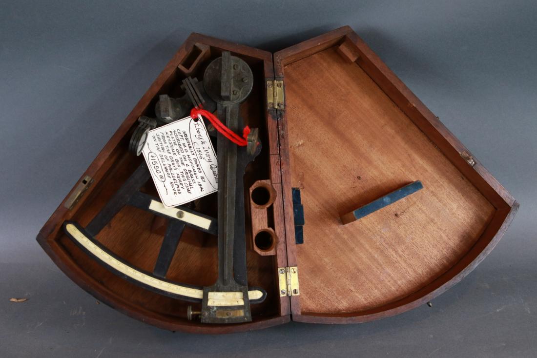 19th century ebony ship quadrant: Exceptional mid nineteenth century ebony and brass shipâ€™s quadrant, once belonging to Captain W O Hoffman, 1846 when is engraved into a brass nameplate set into the lid of the dovetailed kidney