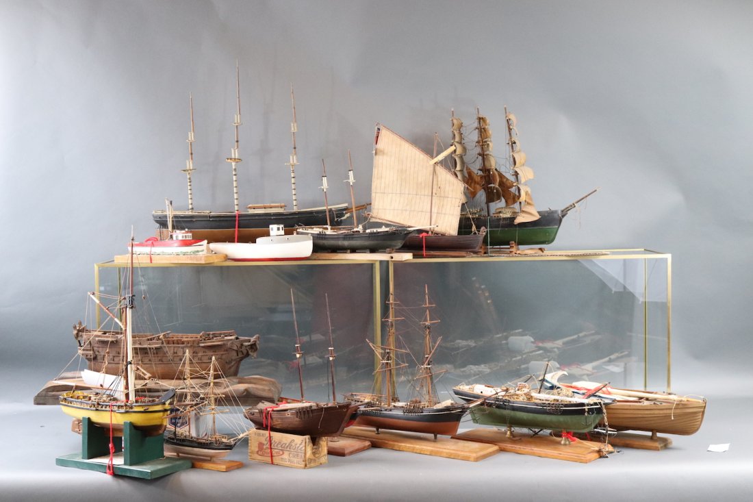 Fleet of ship models: 14 Antique ship models in various conditions. Including a galleon, clipper FLYING CLOUD, windjammer, lapstrake whaleboat, brigs, schooners etcâ€¦ A whole collection of boat model sin a single lot