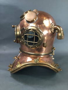 SCHRADER COPPER DEEP SEA HELMET #1354: Diving helmet serial number 1354 with complete brailes, four window design