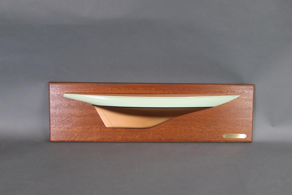 AMERICA'S CUP HALF MODEL OF WEATHERLY BY CASTELLO: Fine America"s cup half model of the 1962 defending yacht WEATHERLY by prominent model makers Castello Ship Models of New York. Castello produced models for the yachting elite including designers, bui