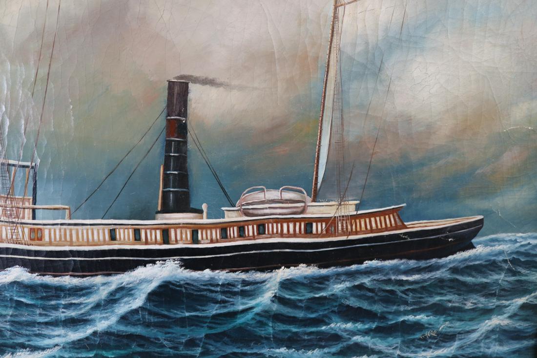 Painting of a tugboat: Painting on canvas showing an ocean going tug under steam power. Flying a pennant with name ATLAS. Framed . Dimensions: 38 tall by 48 wide