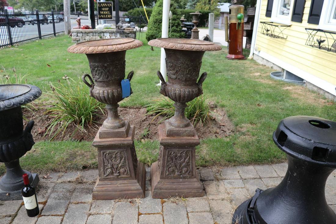 PAIR OF CAST IRON GARDEN URNS (1 of 4)