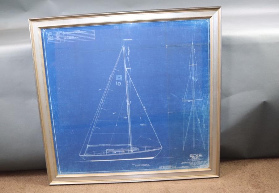 SPARKMAN + STEVENS BLUEPRINT OF SAILBOAT: Original Sparkman and Stephens yacht blueprint dated March 1945 of design number 539 , the sail plan for "Pilot". The scale is one half inch per foot. Plan shows a nice profile view of the vessel alon