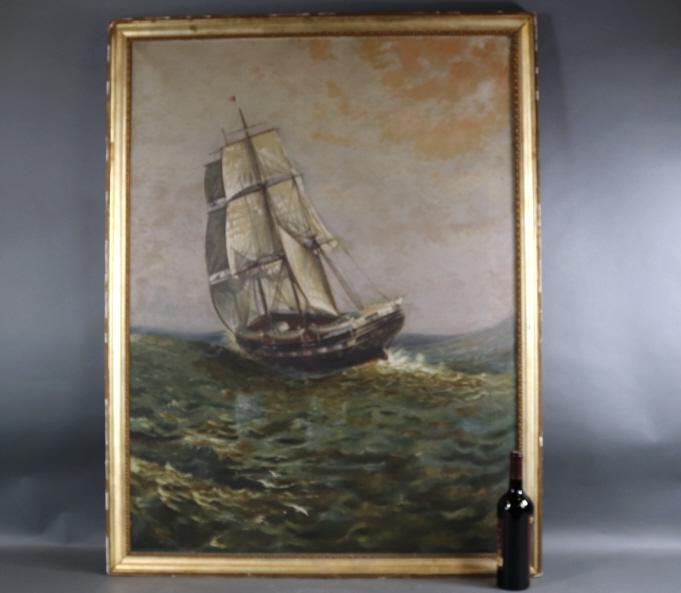 OIL PAINTING OF AN AMERICAN WHALESHIP: Painting of an American whaleship under full sail through rolling seas. Quite large.