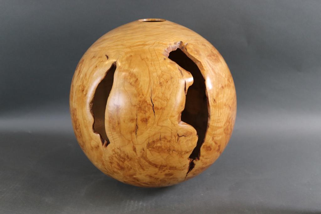 Burl Wood Ball: Ash burl wooden ball. Signed on bottom Brian O Herrin Pond House Studio ash bowl, 0633