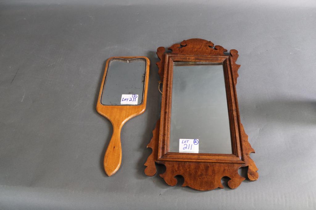 Two Antique mirrors with wood frames: Two antique mirrors with wood frames. One is handheld, second is a wall hanger
