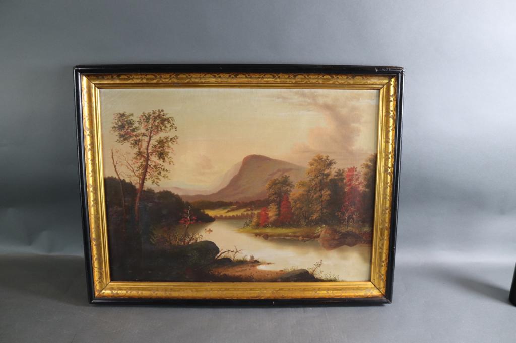 Hudson River Landscape Painting: Hudson river landscape painting showing autumnal colors and mountain peak