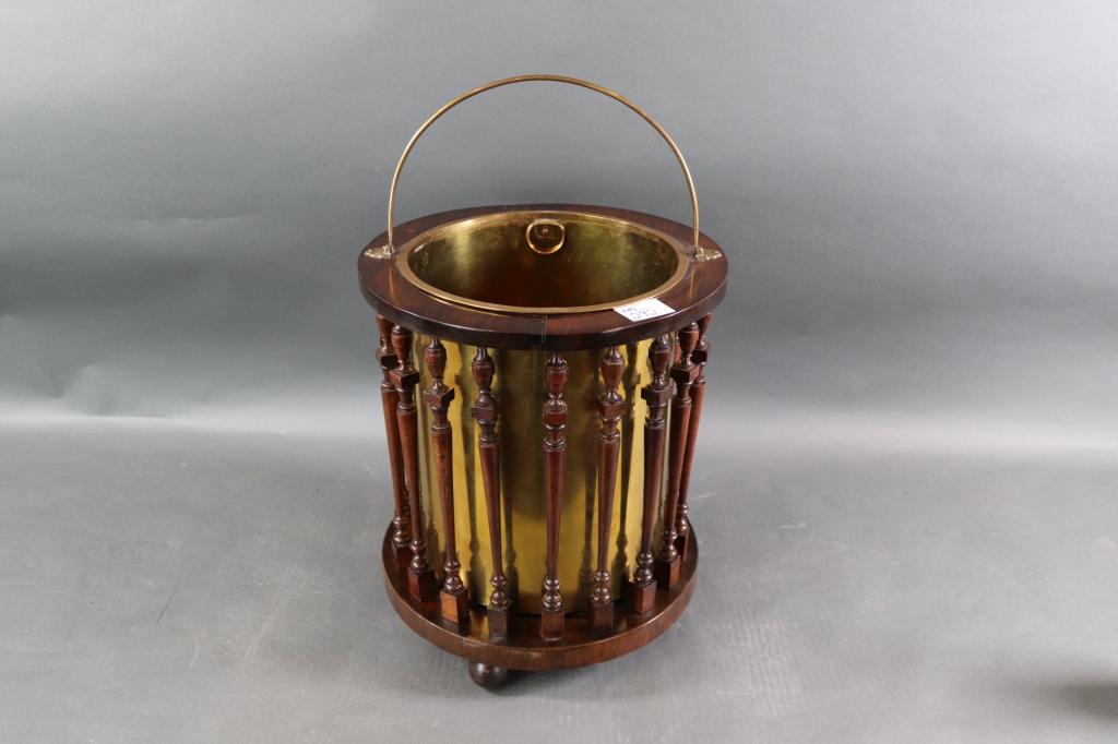 Large Brass Bucket set into Wood Stand (1 of 7)