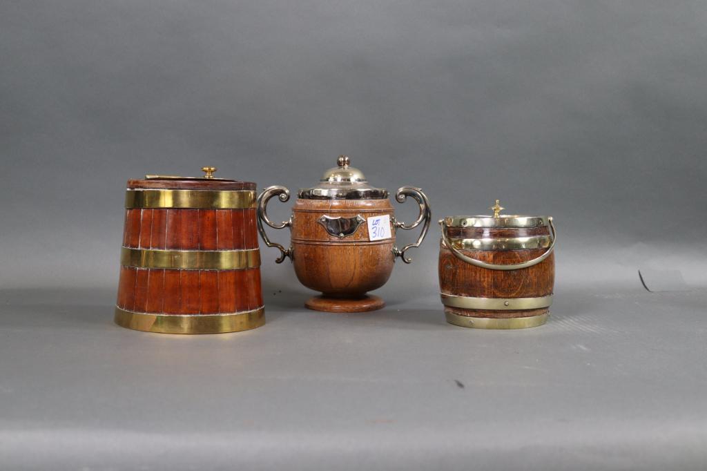 Lot of 3 wooden ice buckets w/brass hoops (1 of 5)