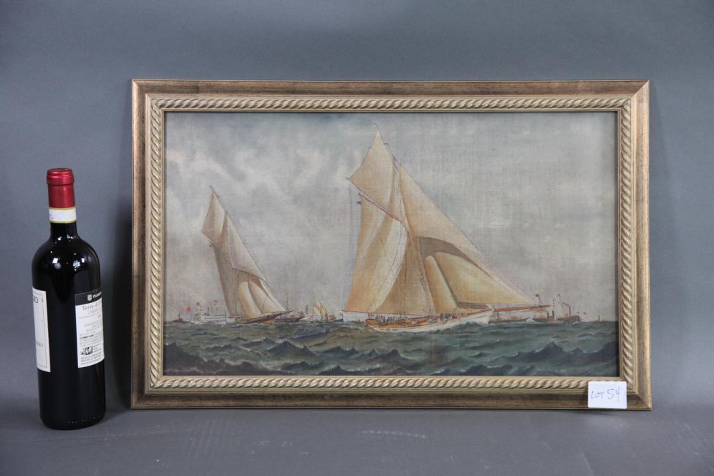 AMERICAS CUP VOLUNTEER VS THISTLE PAINTING 19th C: Period oil on canvas showing the cup yacht Vigilant leading Valkyrie lll. The vessels are seen racing under full sail past the spectator fleet.