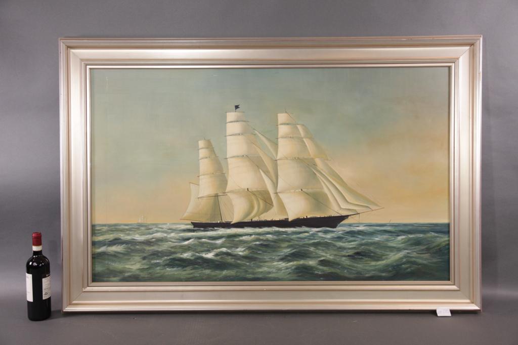 LARGE OIL ON CANVAS OF CLIPPER SHIP: Large oil on canvas painting of the American Clipper Ship Nightingale. Displaying a full suit os sails38H X 58L