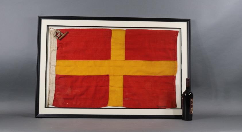 NAUTICAL SIGNAL FLAG IN SHADOW BOX FRAME: Nautical signal flag in shadowbox frame.a45L X 30T