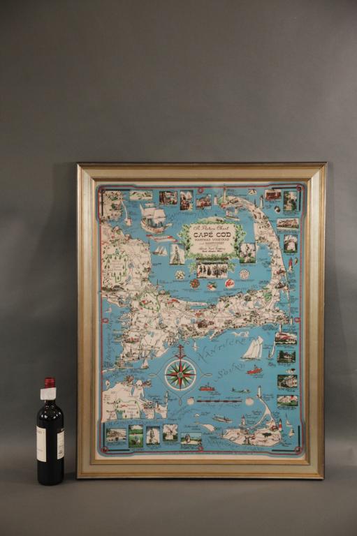 FRAMED MAP OF CAPE COD: Framed map of Cape Cod. Very colorful. Drawn by Clara Chase. 35H X 28W