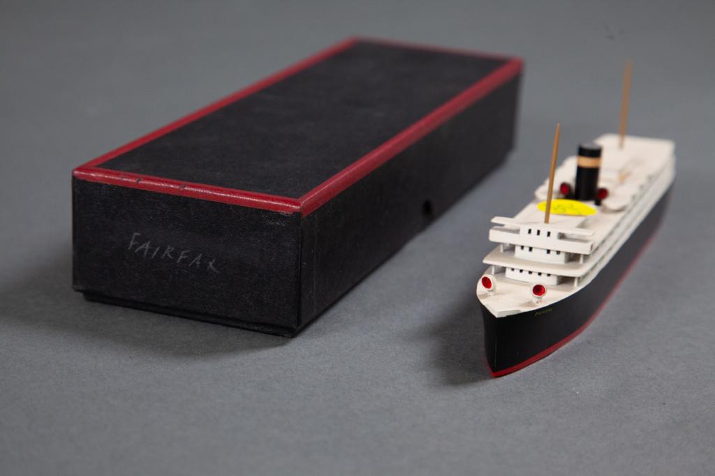 Van Ryper Fairfax Merchants and Miners: Waterline marked Van Ryper wood ship model mounted on plaque, 9" length