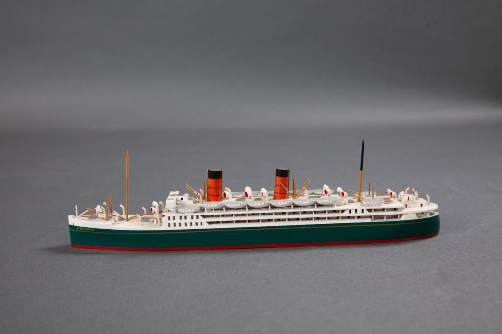 Van Ryper Aorangi Union Line: Waterline marked Van Ryper wood ship model mounted on plaque, 9 1/2" length