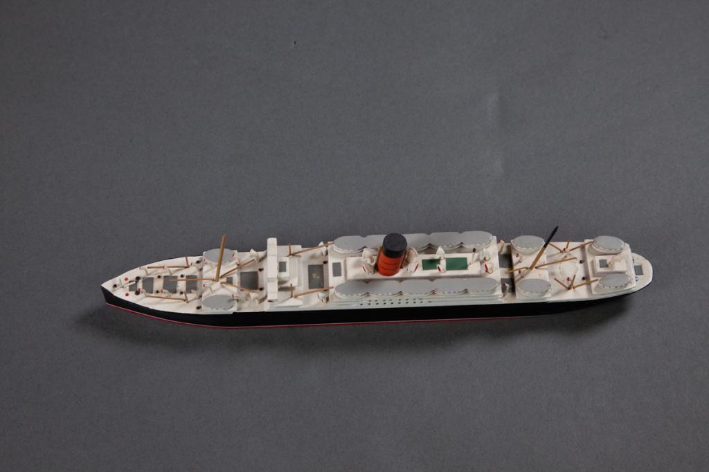 Van Ryper Samaria Cunard: Waterline marked Van Ryper wood ship model mounted on plaque, 9 1/2" length