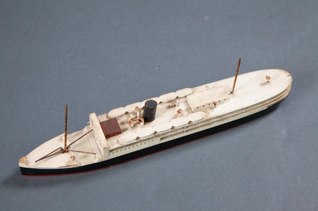 Van Ryper Borenquin Porto Rico Line: Waterline marked Van Ryper wood ship model mounted on plaque, 9" length