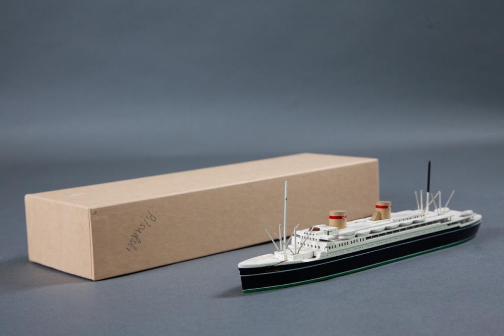 Van Ryper - Pilsudski - Polish Ocean Lines: Waterline marked Van Ryper wood ship model mounted on plaque, 9" length