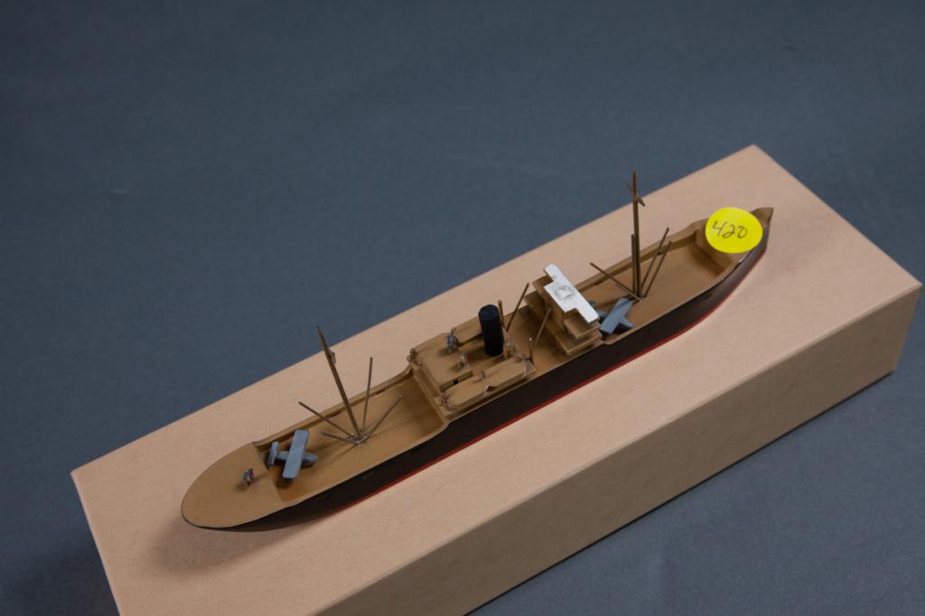 Van Ryper Jacob Ruppert US Maritime Commission: Waterline marked Van Ryper wood ship model mounted on plaque, 9" length