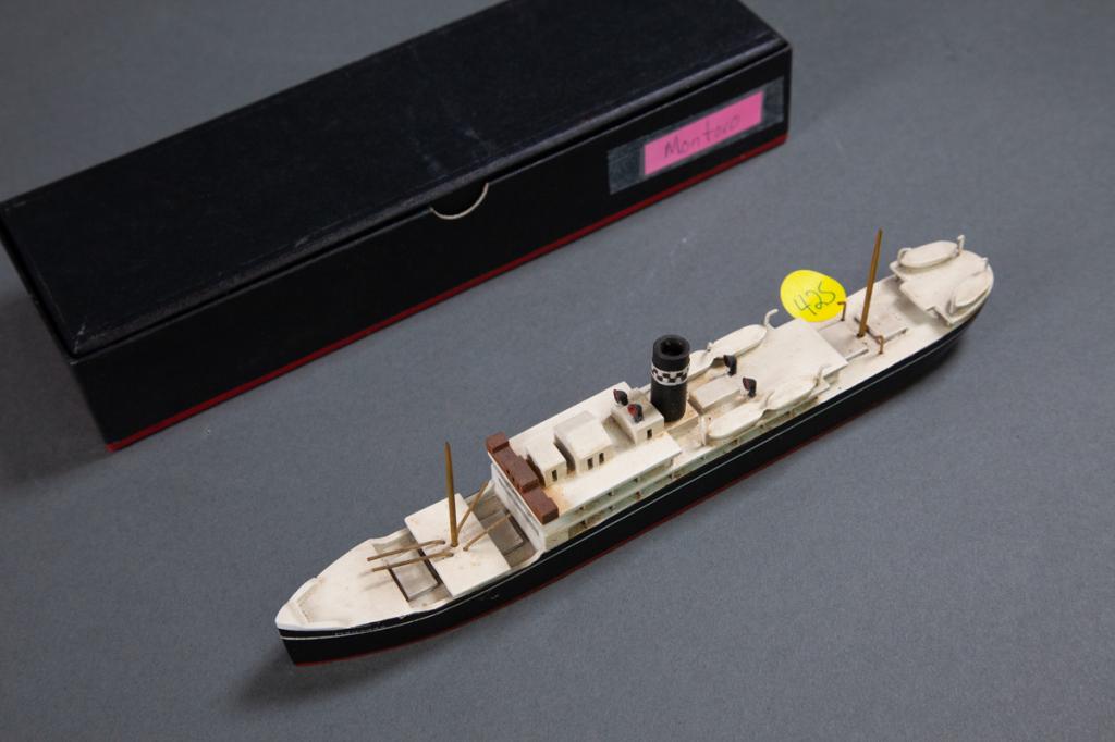 Van Ryper Montoro Burns Phelp: Waterline marked Van Ryper wood ship model mounted on plaque, 9" length
