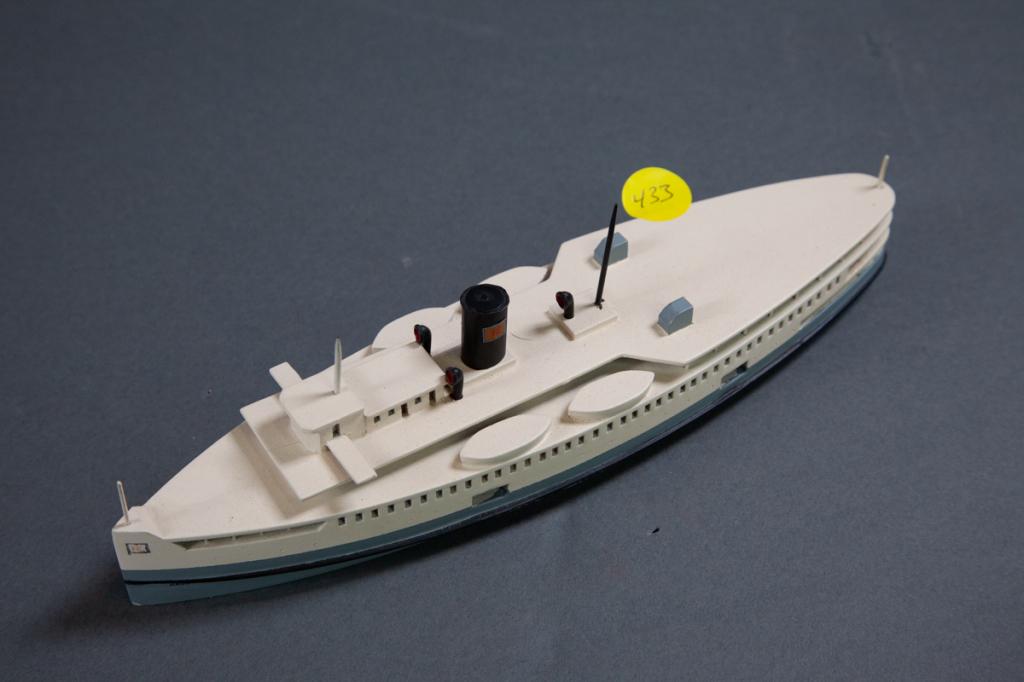 Van Ryper Naushon Island ferry: Waterline marked Van Ryper wood ship model mounted on plaque, 9" length