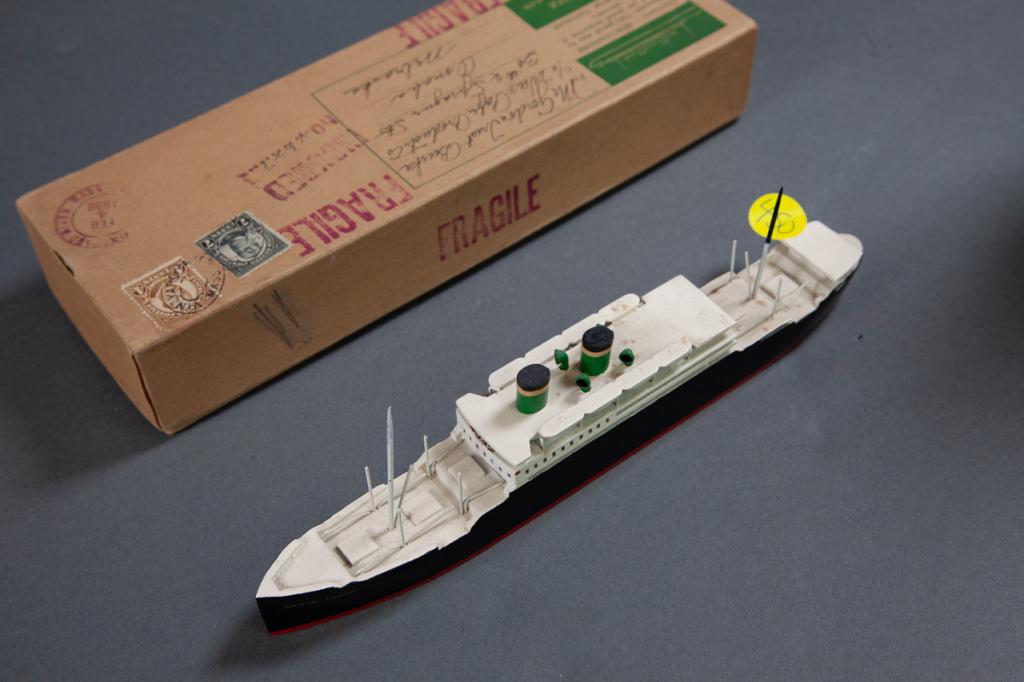 Van Ryper Santa Clara Grace Line: Waterline marked Van Ryper wood ship model mounted on plaque, 9" length Original VAN RYPER Mailing Box