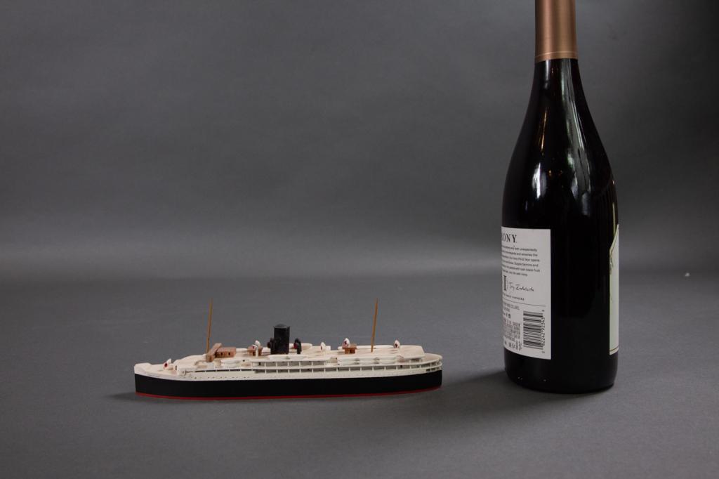 Van Ryper Evangeline Eastern Steamship Lines: Waterline marked Van Ryper wood ship model mounted on plaque, 9" length Original VAN RYPER Mailing Box