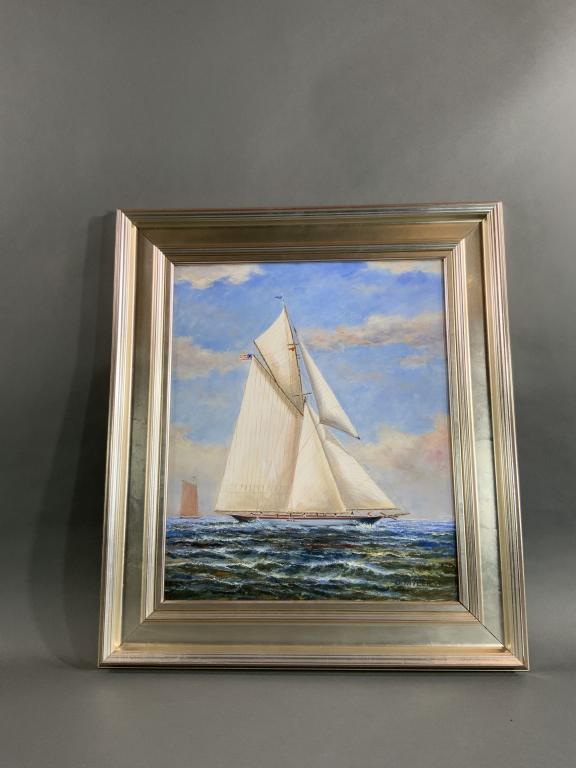 AMERICA'S CUP YACHT PAINTING: Oil on canvas paiting of an America's cup yacht under full sail. Gaff rigged vessel with crew on deck adjusting sails. Signed lower right D. Tayler. Weight is 10 pounds. Overall Dimensions 32" H x 27"