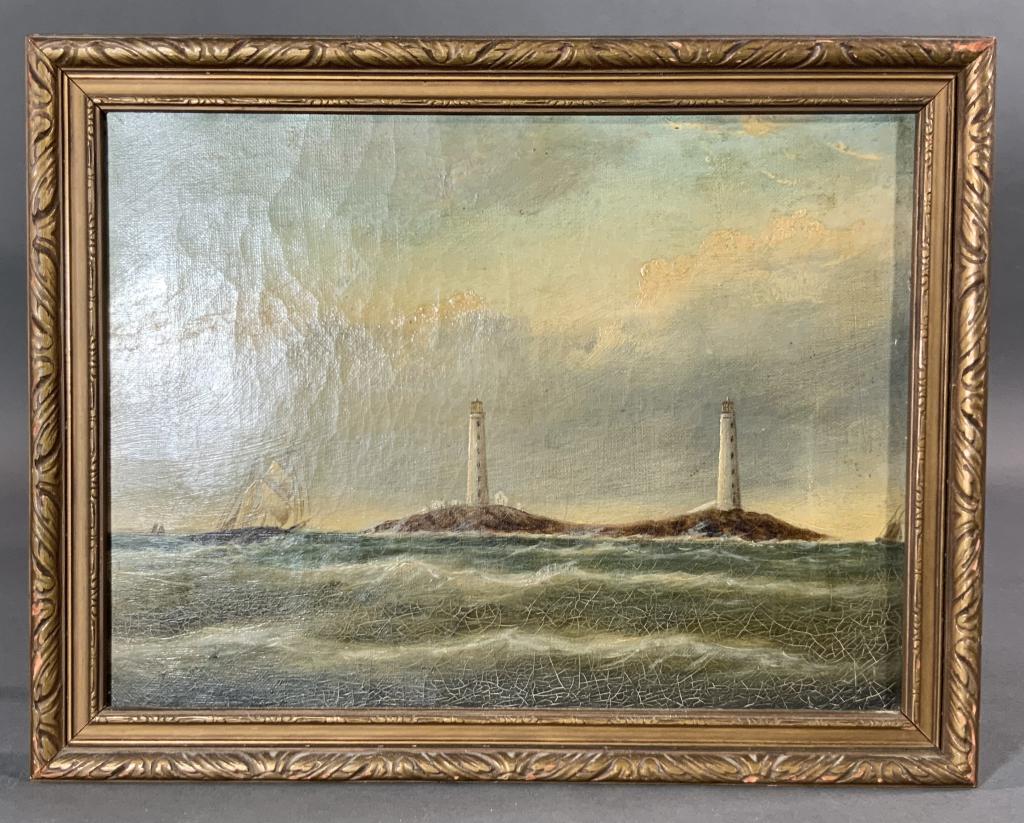 Thachers Island Lights by Clement Drew: Clement Drew painting of Thatcher Island by famed New England Artist Clement Drew. Unsigned. 8 x 14 framed. 8 x 11 sight.