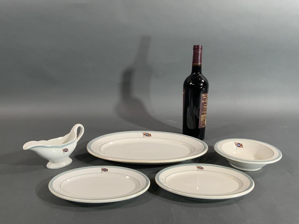 FIVE PIECES OF STEAMSHIP CHINA: Five pieces of nautical China with Company House Flag. Gravy boat, platters and bowl. Dimensions: Largest: 14" x 10"