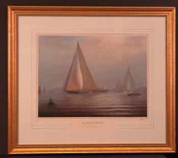 Tim Thompson Lithograph of Shamrock V: Framed print of the J class yacht Shamrock V by artist Tim Thompson from the Great Yachts series. Signed in pencil on lower right. Matted. Overall dimensions 30" high x 33 1/2" wide.