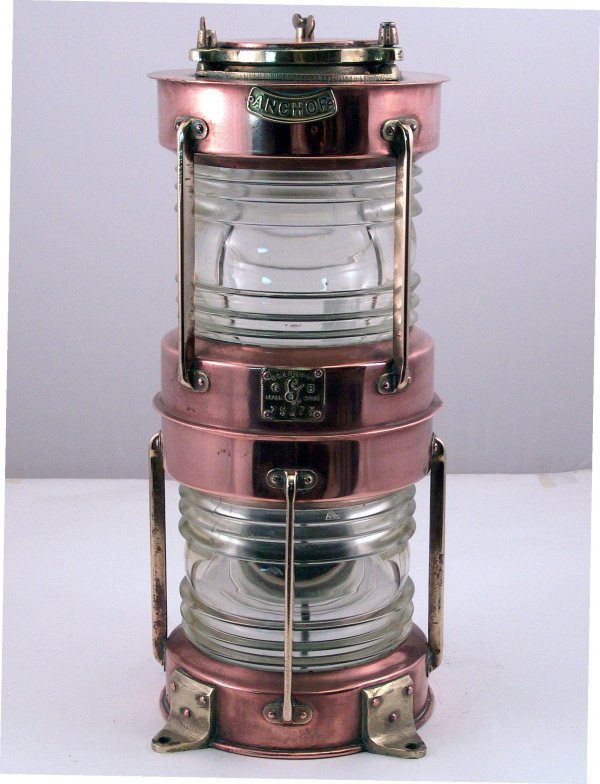 Tall copper ship's lantern.: Double stack copper and brass ship's anchor lantern, 360 degree fresnel lenses with maker's badge from Seahorse. 10" diameter x 24" tall. Nice pair of lenses in great shape.