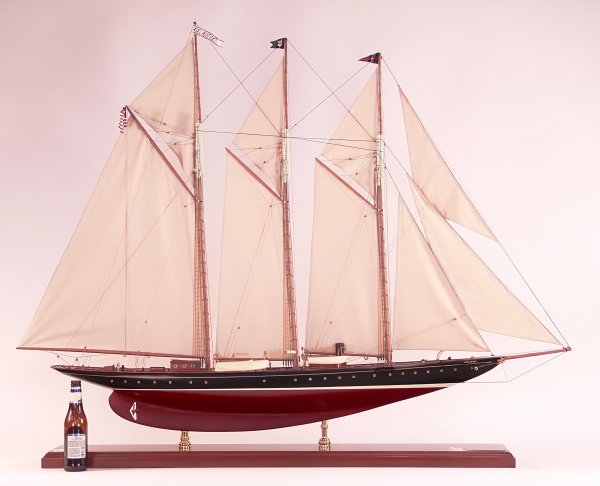 Schooner yacht "Atlantic".: Five foot model of the transatlantic racing yacht "Atlantic". Details of this fine model include expertly executed skylights and cabins with turned brass portholes and protective brass bars. Other bra