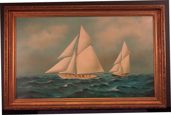 Large oil on canvas of "Vigilant".: Large painting showing the America's Cup defender "Vigilant" leading Valkyrie III from the 1893 America's Cup finals. Signed lower right P. Stanton. Mounted into a wood and gesso frame painted gold. O