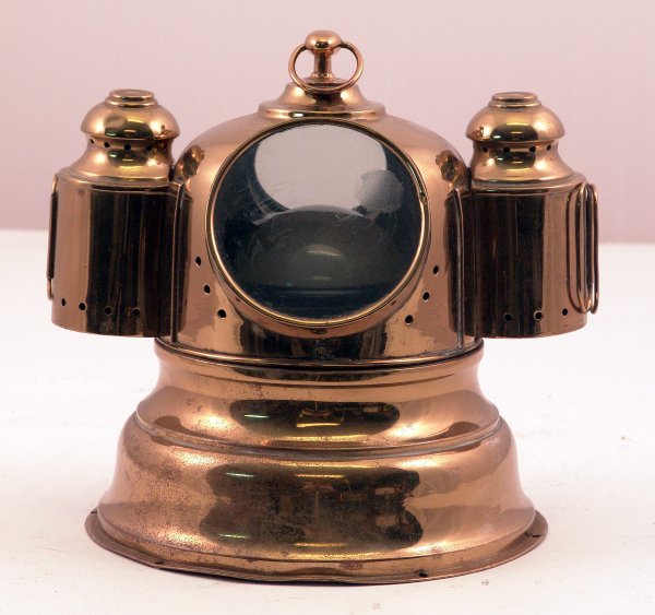 Solid brass yacht binnacle.: Early brass binnacle with twin oil burners, gimbaled compass and two oil lamps. 9" diameter x 9 1/2" tall.
